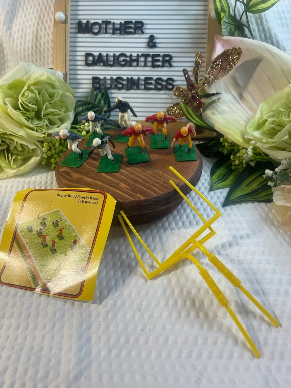 Vintage Miniature Football Player Set with Yellow Goalposts